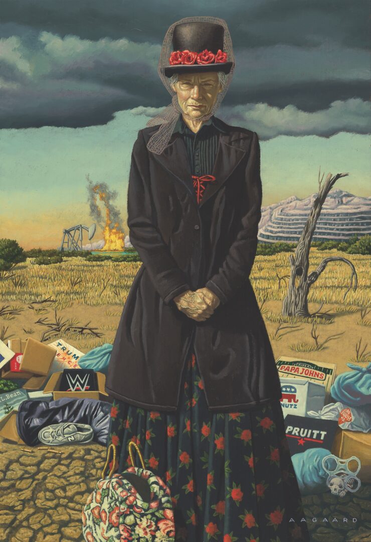 A painting of an old woman standing in the middle of nowhere.