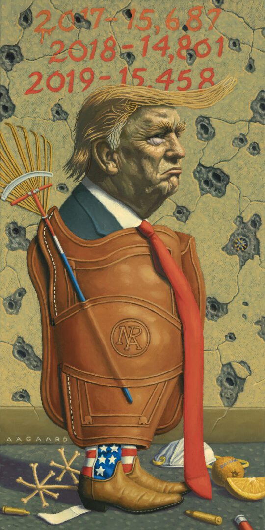 Originally, this oil painting was conceived to explore Trump’s cozy relationship with the NRA & resulting gun-related deaths from 2017 thru 2019 (excluding suicides). However, it soon expanded to also highlight some of his numerous visual & speaking gaffes (it’s pronounced “origins” not “oranges”, you twit), his bogus bone spur-related draft deferment, his call to rake the forests to prevent wildfires & Trump’s failure to see & react to the dangers of Covid 19, including his irrational disdain for protective face masks.